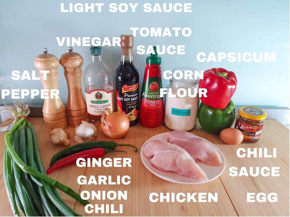 Ingredients, salt and pepper, spring onions, vinegar, light soy sauce, tomato sauce, corn flour, capsicum, ginger, garlic, onion, chilli, chicken, egg, chili sauce.