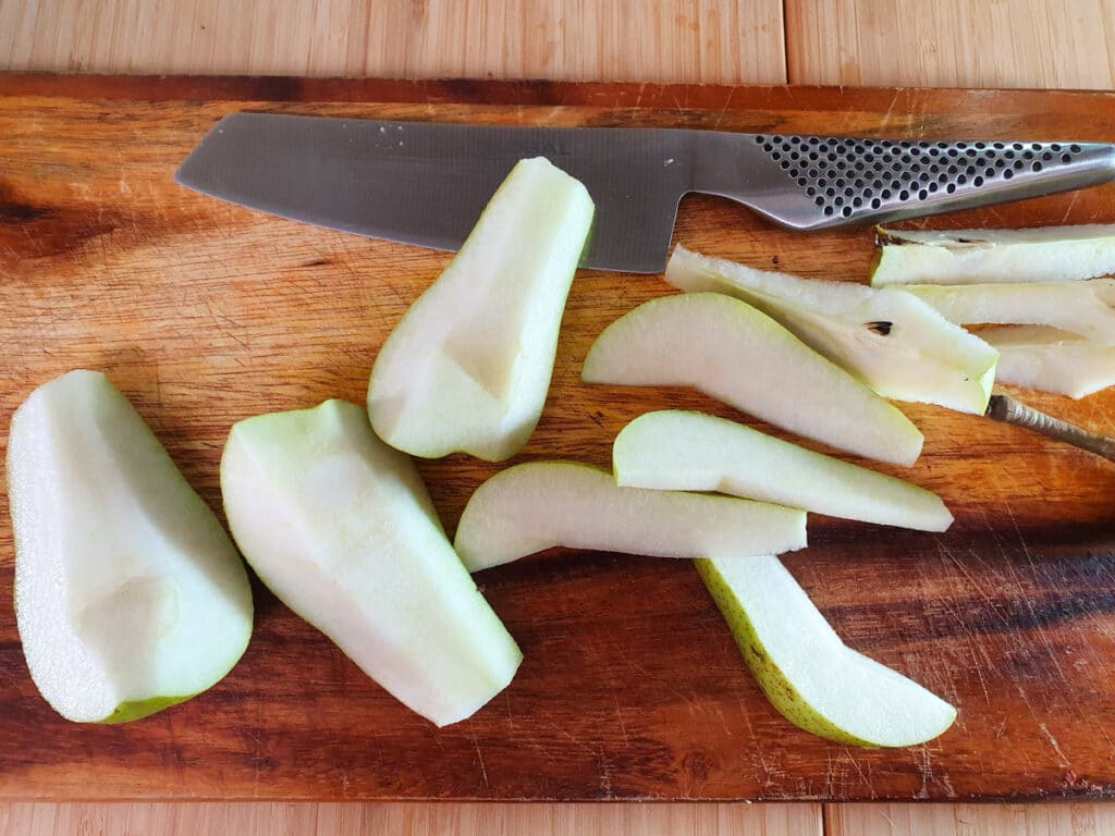 Coring and slicing pears.