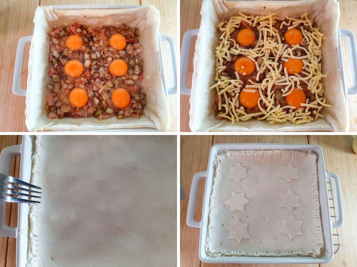 Process shots mk3: adding cooked bacon and onion to blind baked pastry, adding eggs to hallows created in bacon, sprinkling on grated cheese, crimping edges of pastry shut with a fork, pie with slits to allow steam to escape and adding decorative stars to top.
