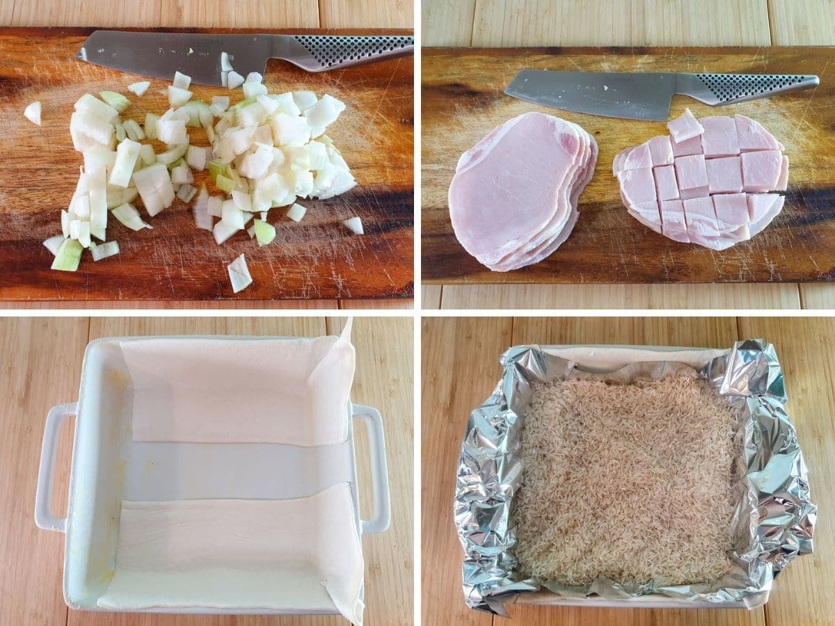 Process shots mk1: dicing onions, dicing bacon, cutting up defrosted puff pastry to fit into square baking dish, adding foil and rice to pastry lined dish to blind bake pastry.