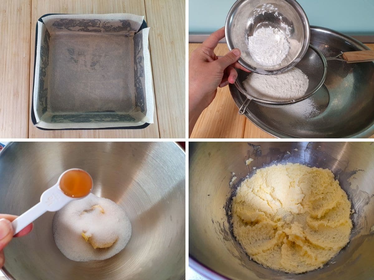 Process shots: greasing and lining the cake tin, sifting the flour and corn flour, adding room temperature butter, sugar and vanilla to bowl, creaming together until pale.
