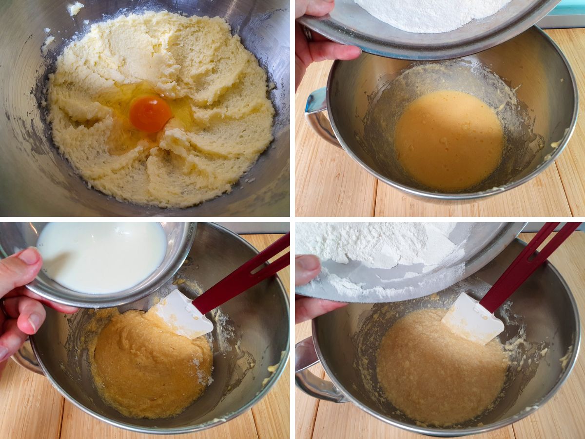 Process shots: adding eggs one at a time then mixing in, adding half the flour mix and folding in, adding the milk and folding in, adding the rest of the flour and gently folding in.