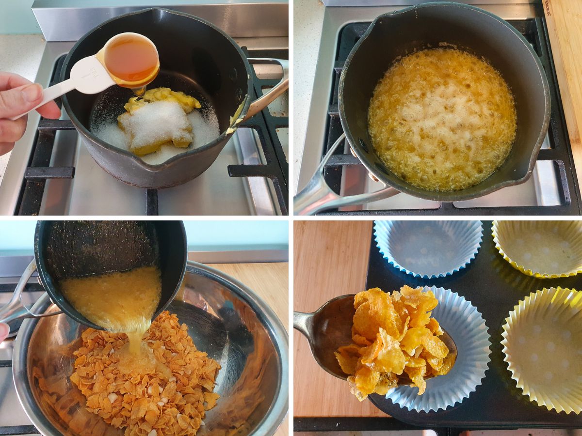 Process shots: adding butter, sugar and honey to pot, foaming butter mix, adding to corn flakes, spooning into cases.
