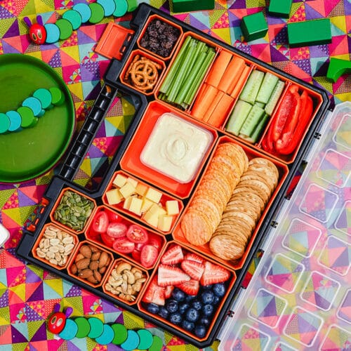 Charcuterie board on a picnic blanket with kids toys.
