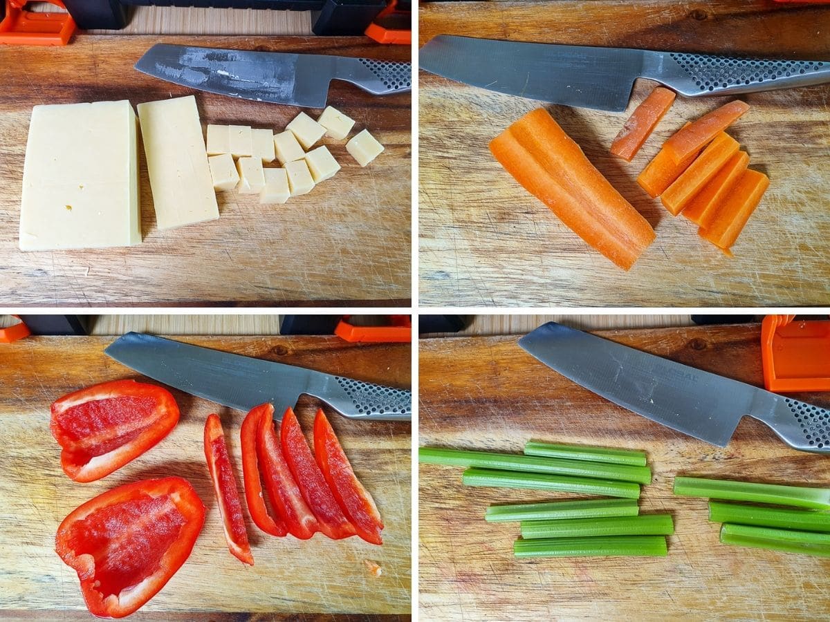 Process shots: cubing cheese, slicing carrots, capsicum (bell pepper) and carrots.