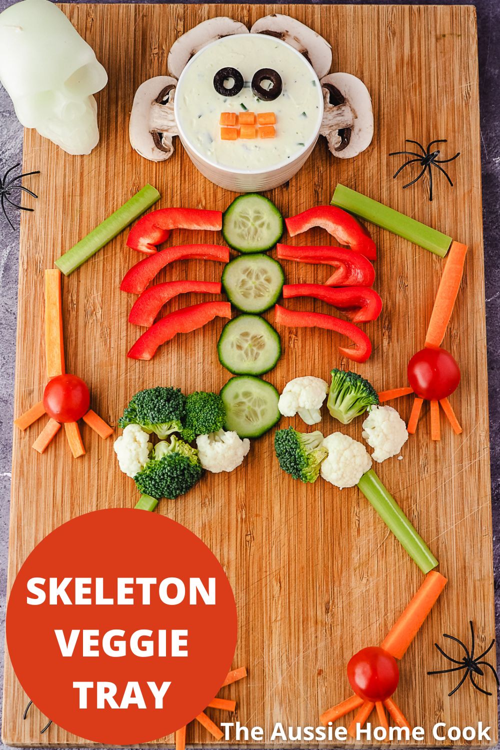 Veggie tray with text overlay, skeleton veggie tray and The Aussie Home Cook.