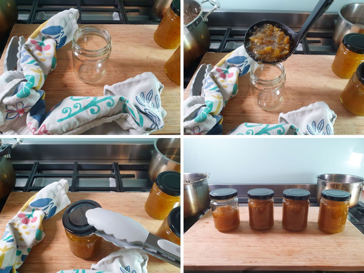 Process shots: removing sterilised jar from oven, ladling in hot jam, adding hot lid, filled jam jars.