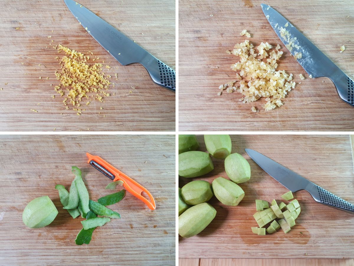 Process shots: finely chopping lemon zest and candied ginger, peeling and dicing feijoas.