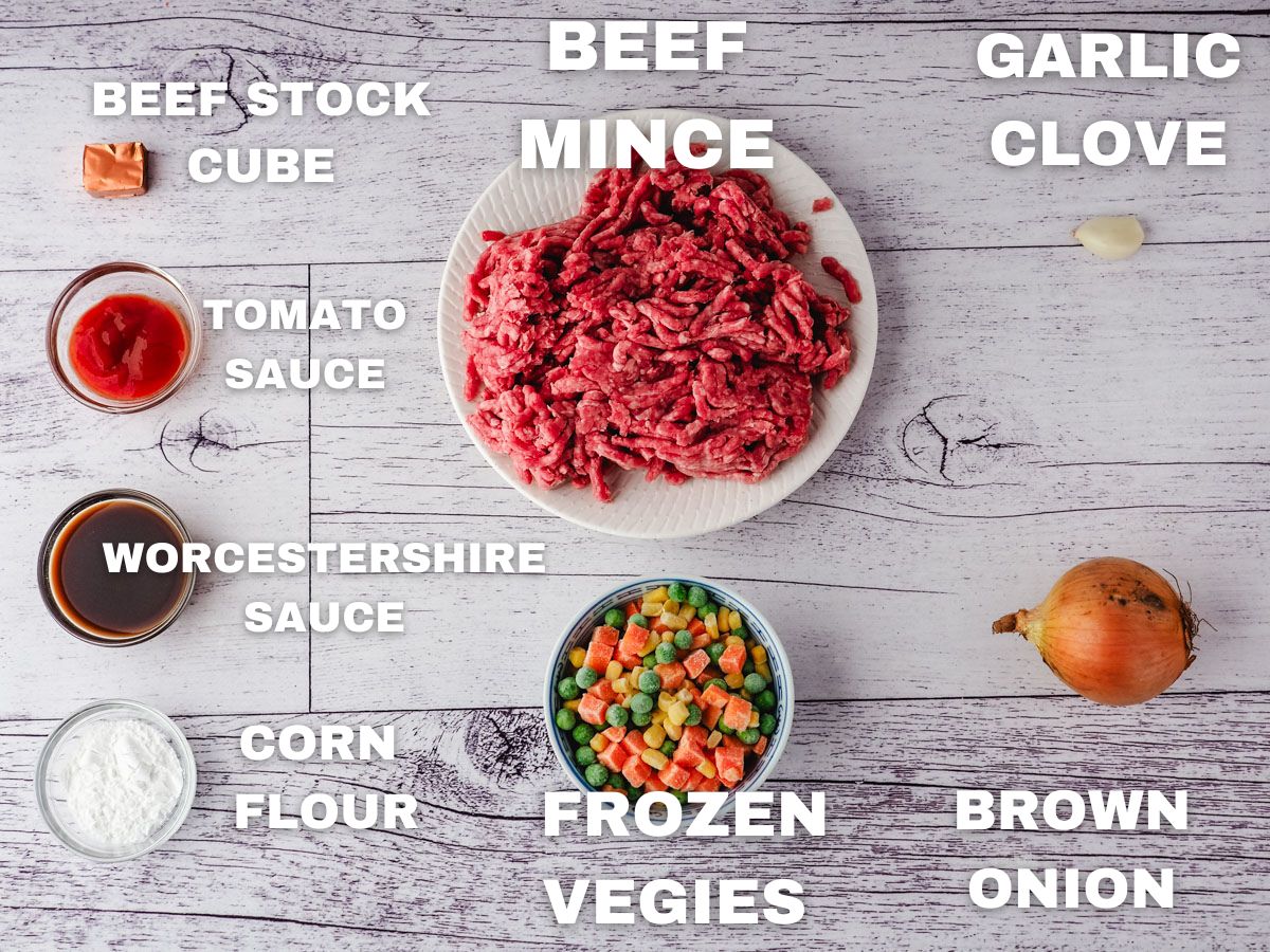 Ingredients: been mince, mixed frozen veg, garlic clove, brown onion, beef stock cube, tomato sauce, corn flour, Worcestershire sauce.