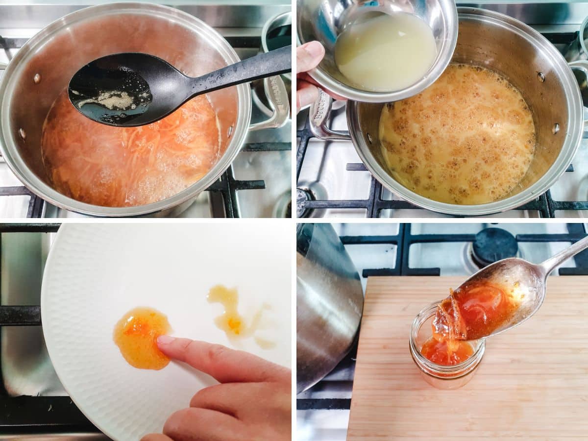 Process shots: skimming foam, adding lemon juice, the finger wrinkle test, spooning done jam into jars.