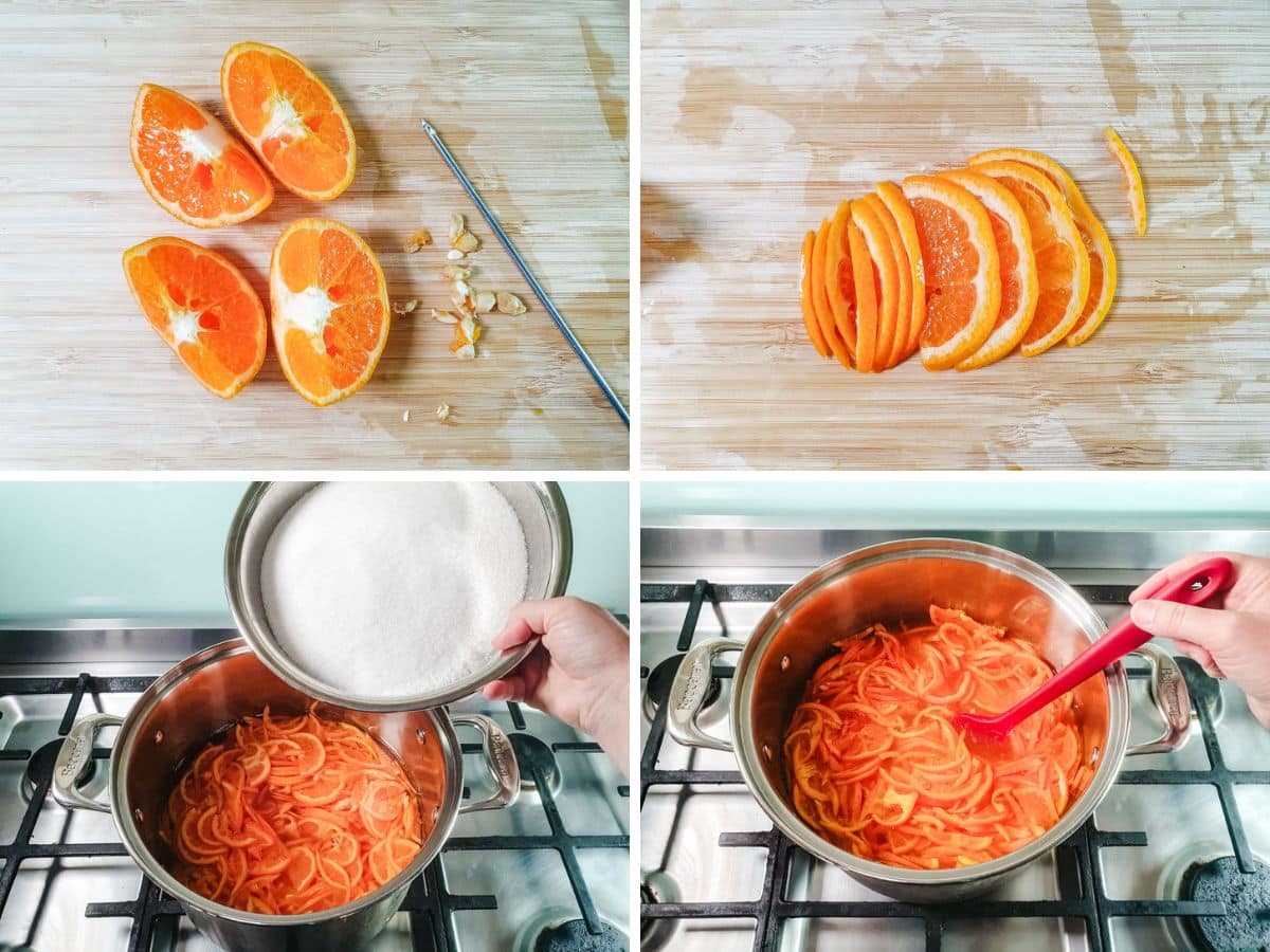 Process shots: quartering mandarins and removing pips, thinly slicing, adding water and sugar, cooking and stirring.